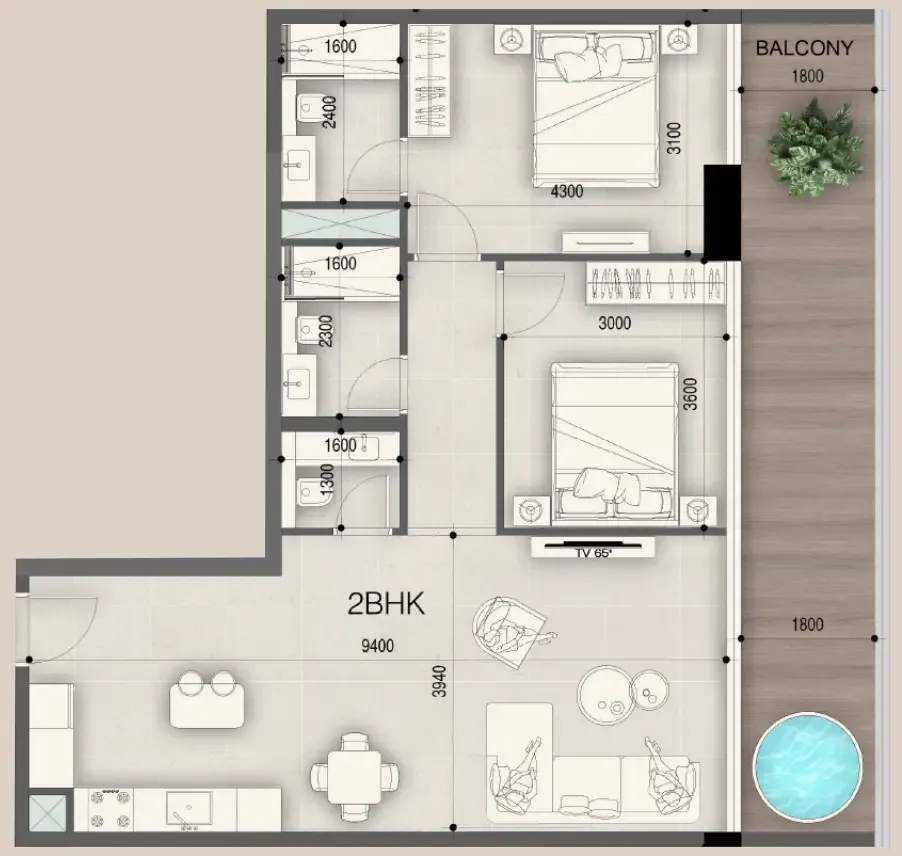 2 bedrooms floor plan