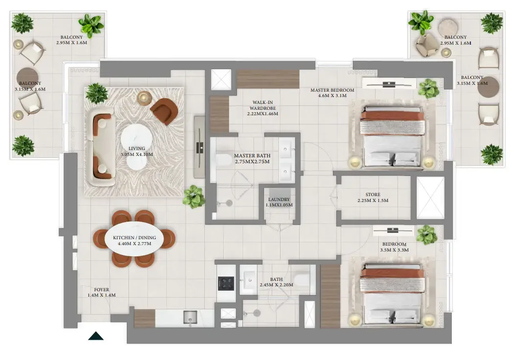 2 bedrooms floor plan