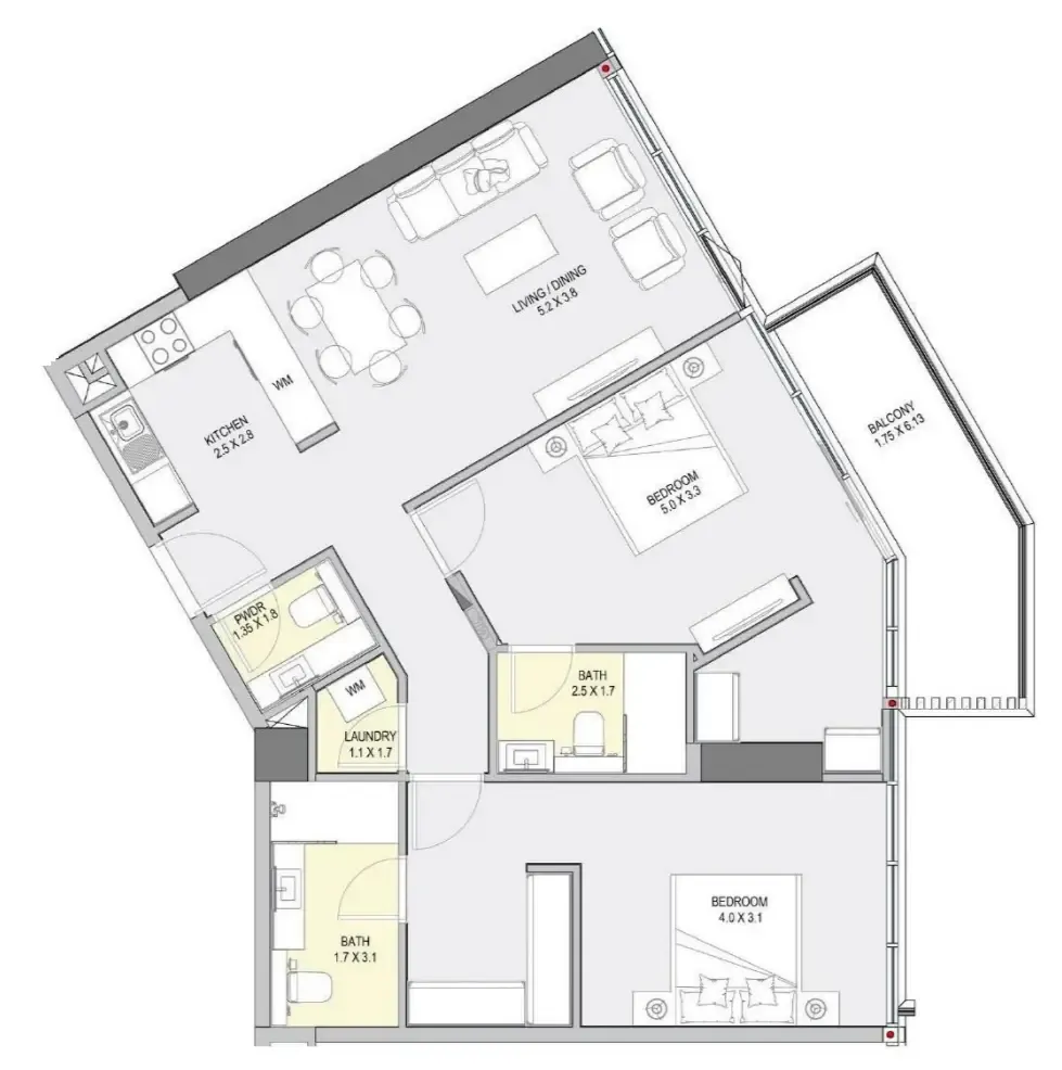 2 bedrooms floor plan