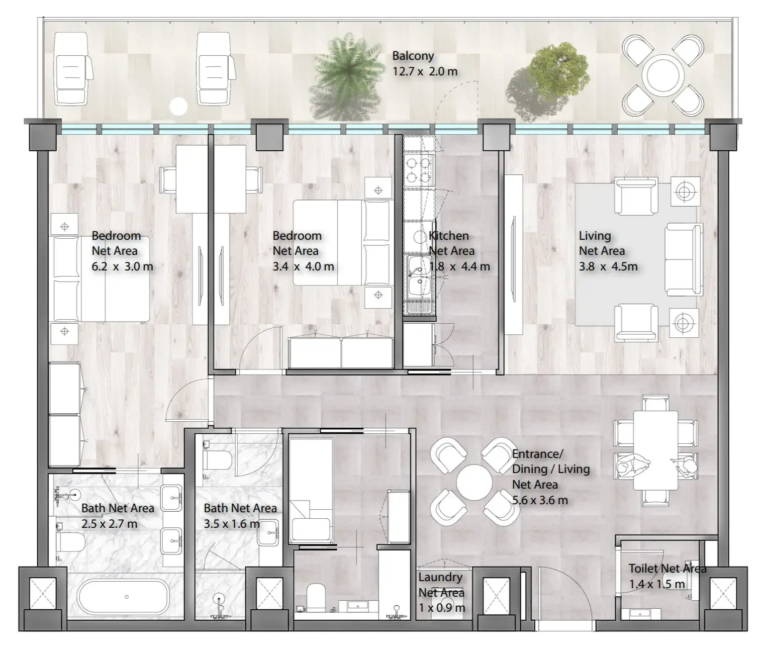 2 bedrooms floor plan