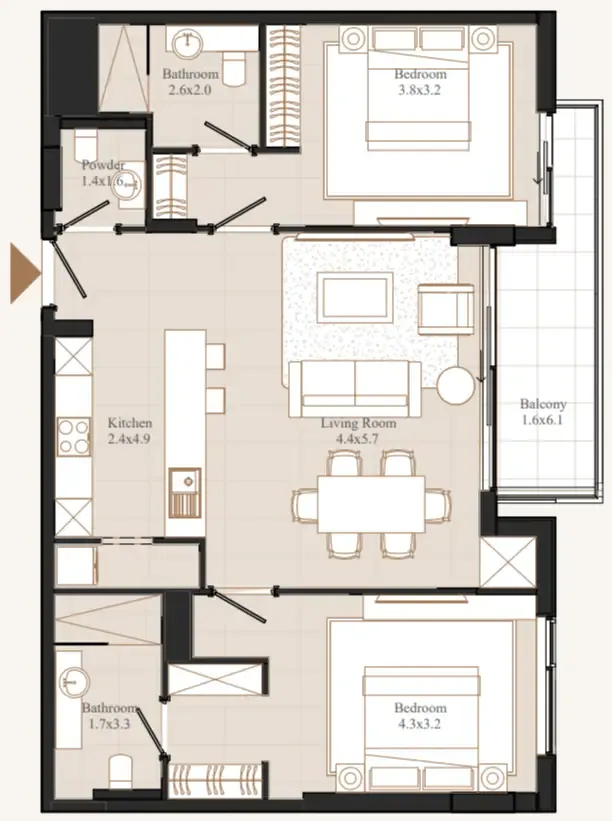 2 bedrooms floor plan