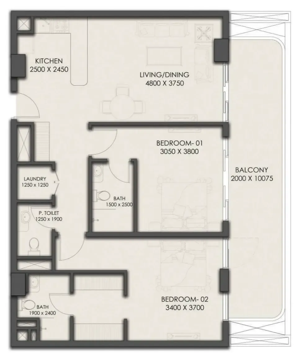 2 bedrooms floor plan