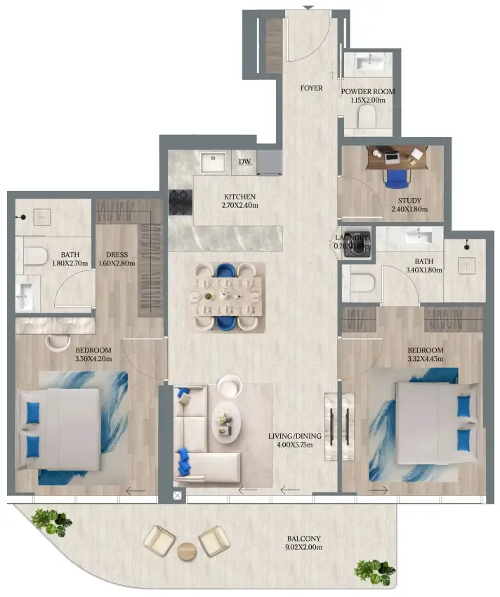 2 bedrooms floor plan
