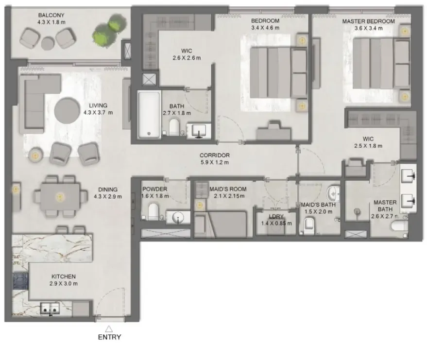2 bedrooms floor plan