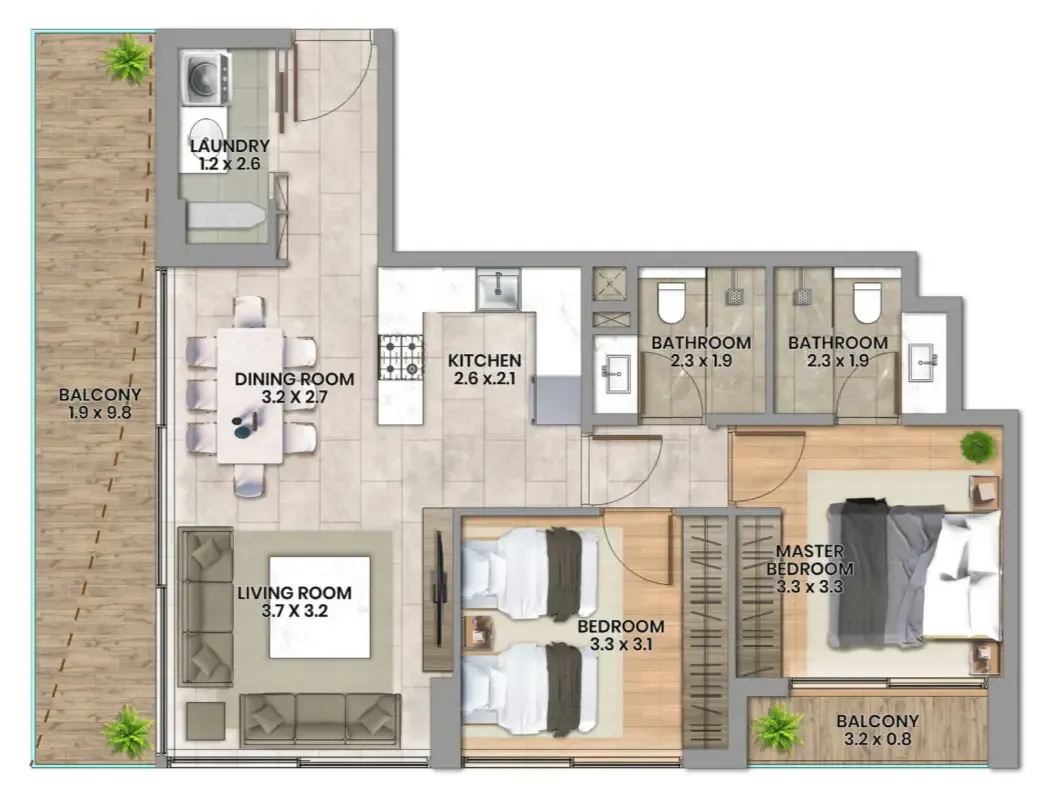 2 bedrooms floor plan