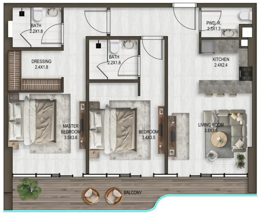 2 bedrooms floor plan