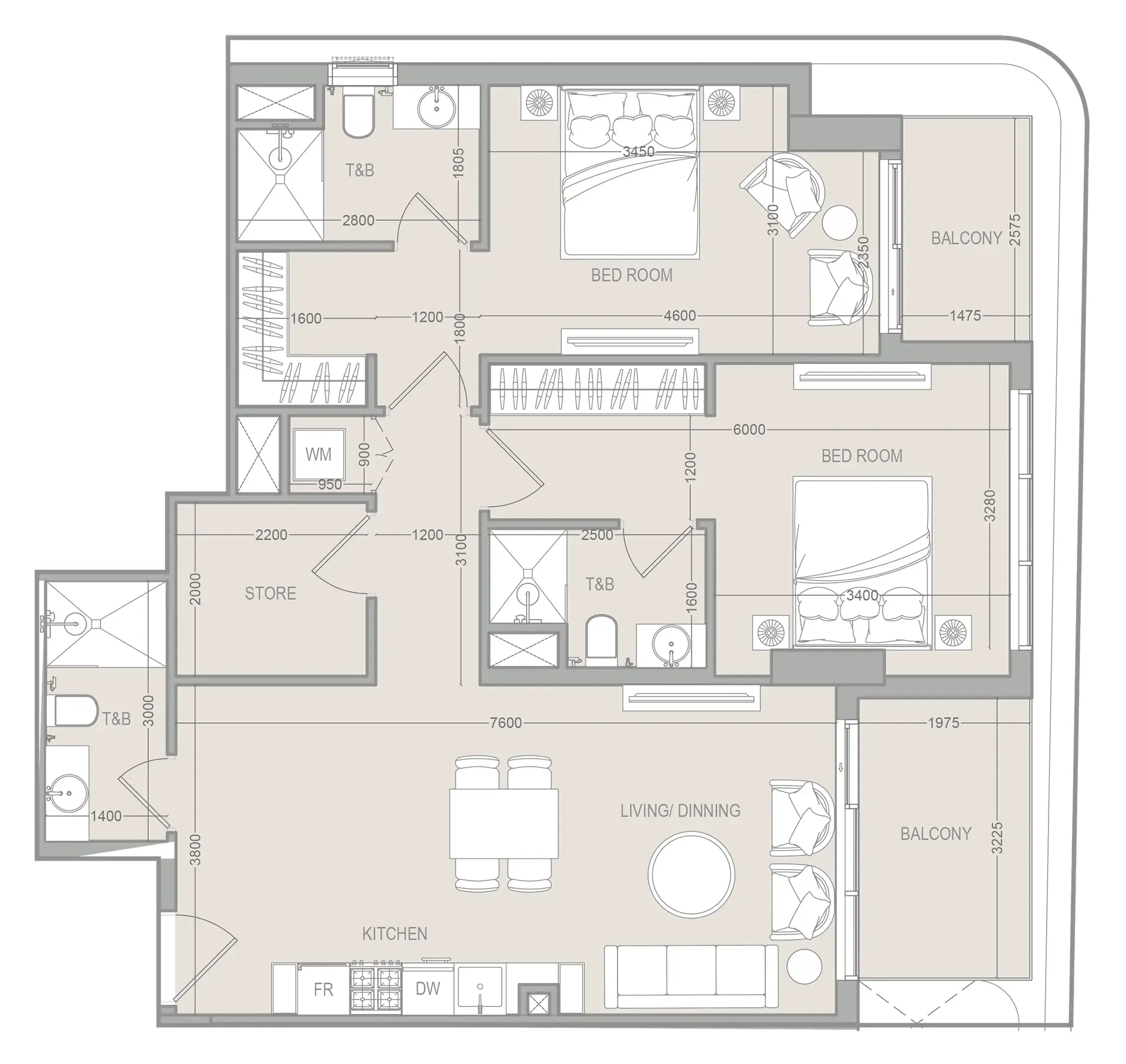 2 bedrooms floor plan