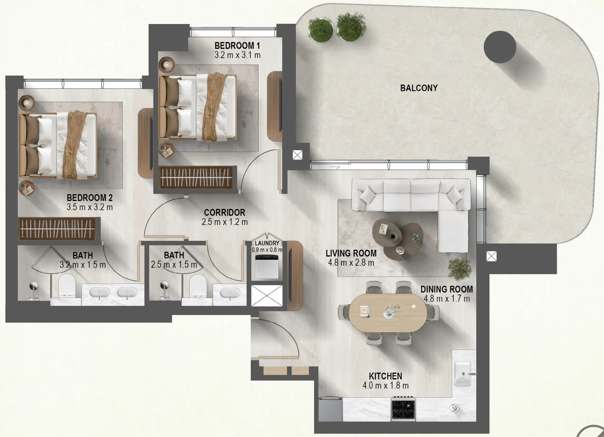 2 bedrooms floor plan