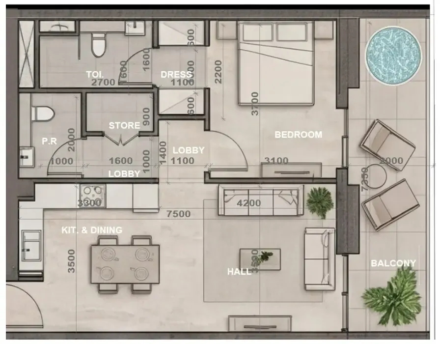 1 bedroom floor plan