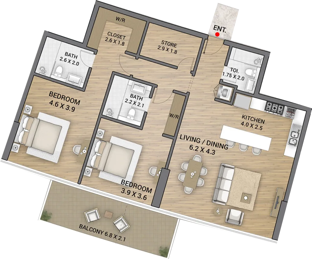 2 bedrooms floor plan