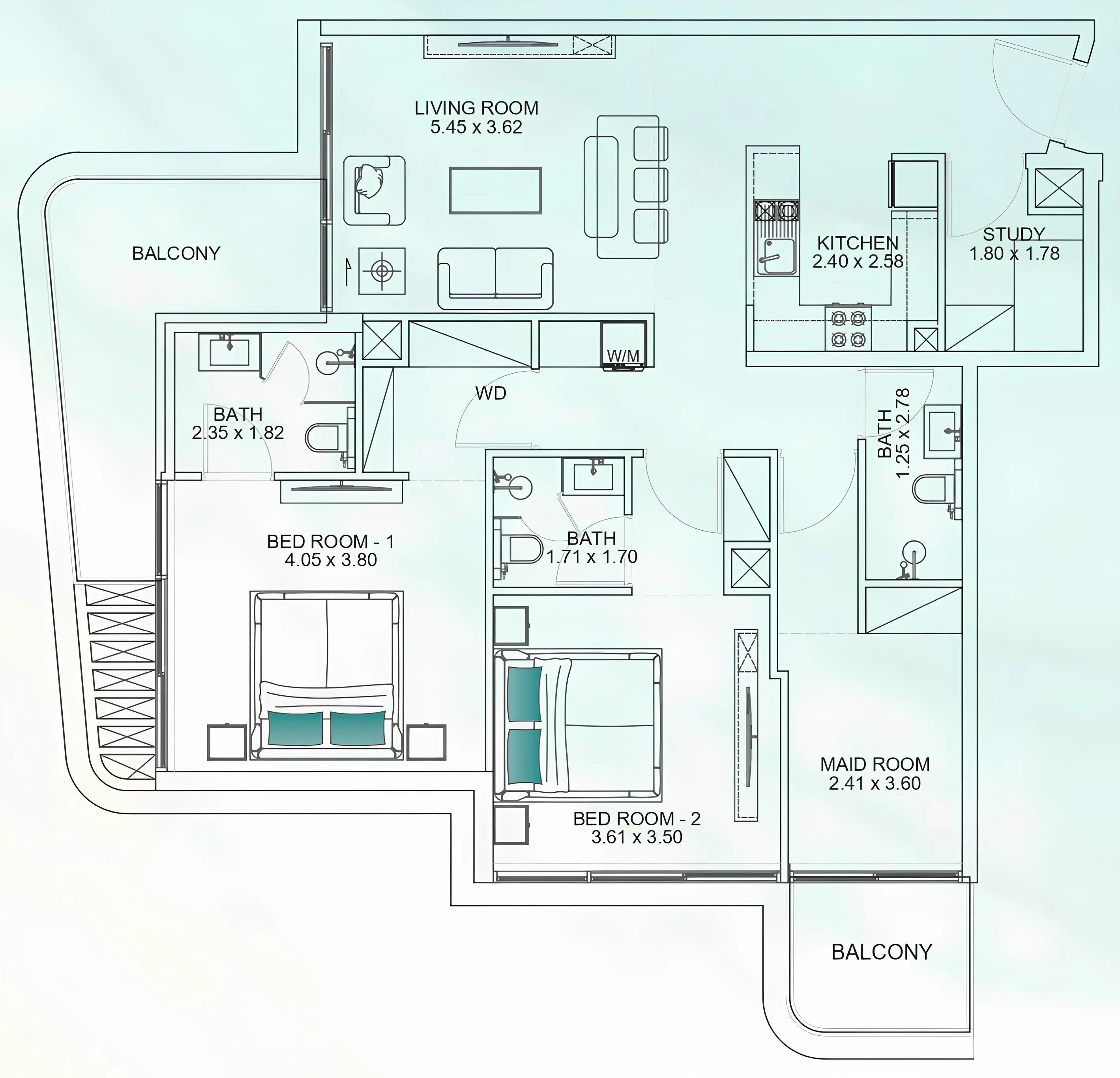 2 bedrooms floor plan