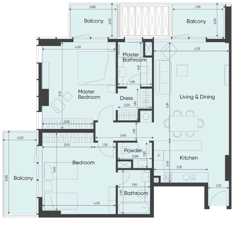 2 bedrooms floor plan