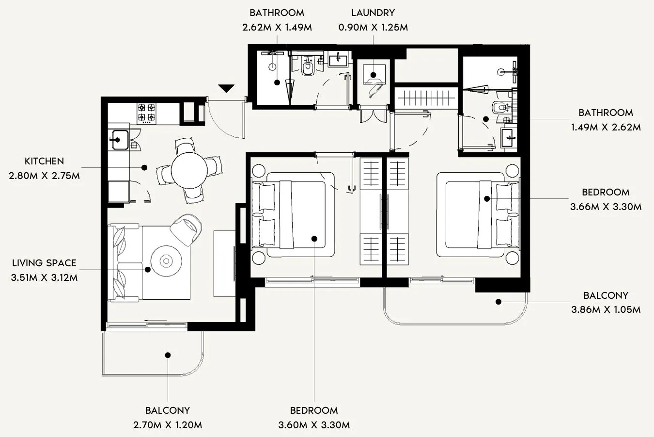 2 bedrooms floor plan