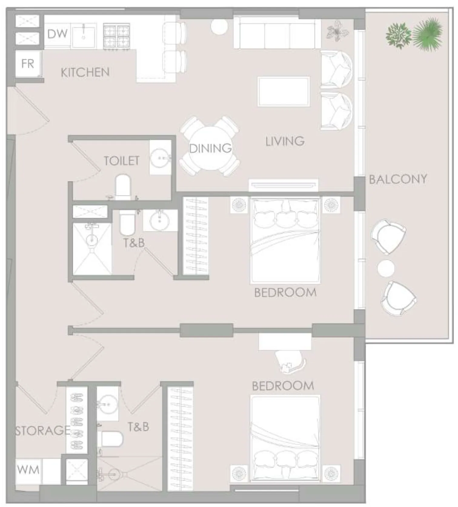 2 bedrooms floor plan