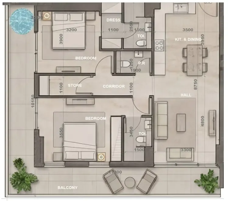 2 bedrooms floor plan