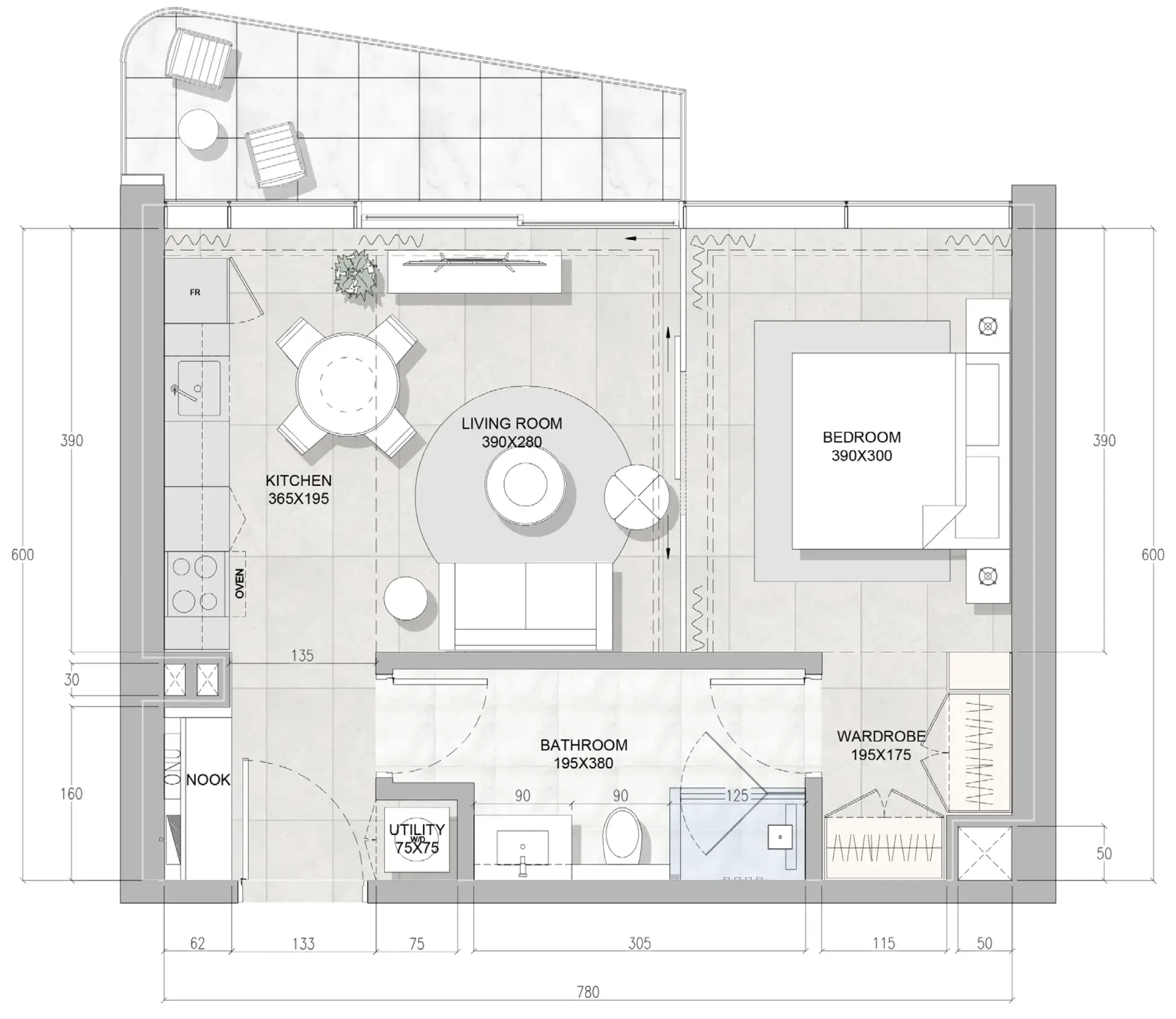 RAK Properties Solera Downtown Mina 1BR floor plan