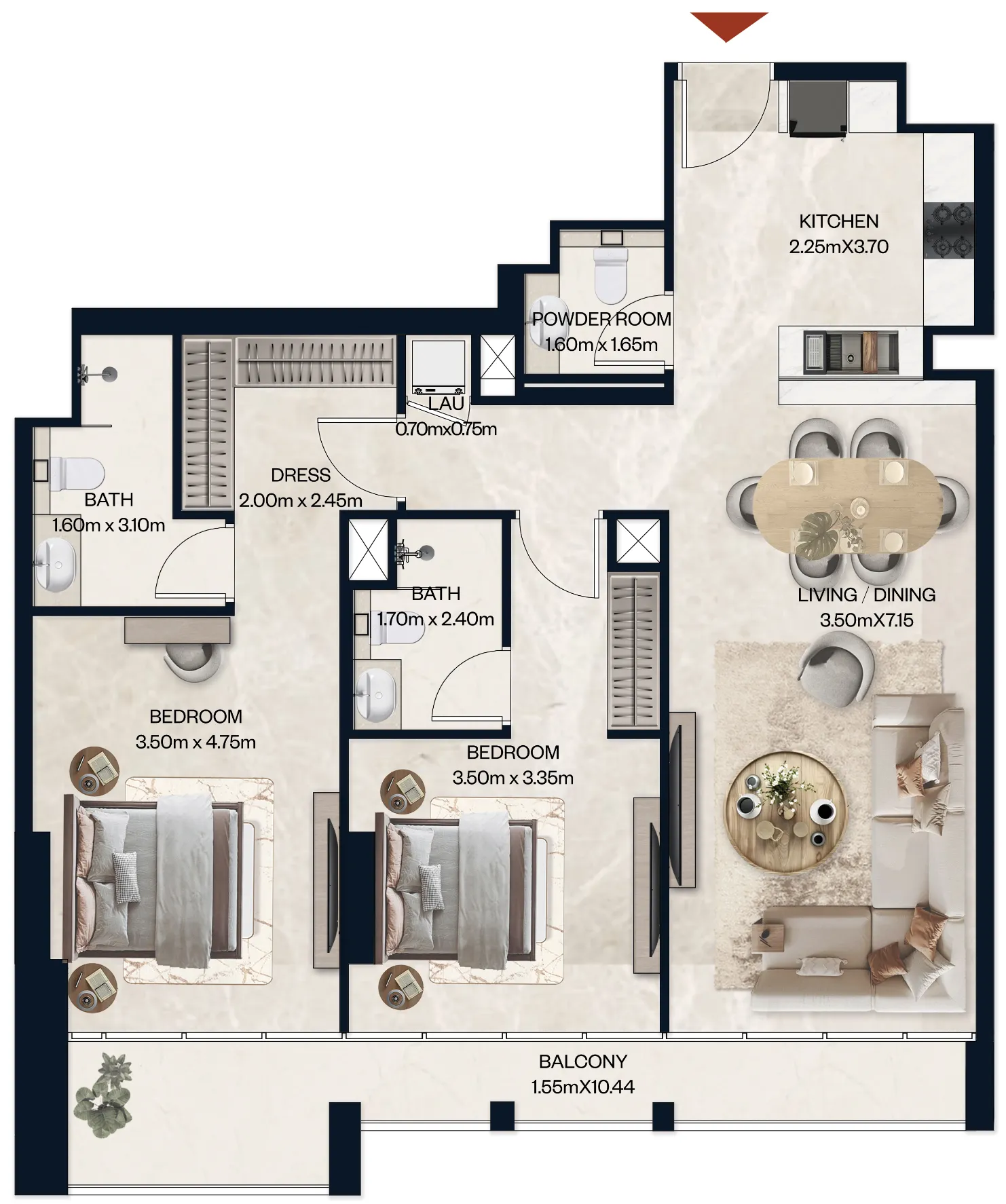 2 bedrooms floor plan