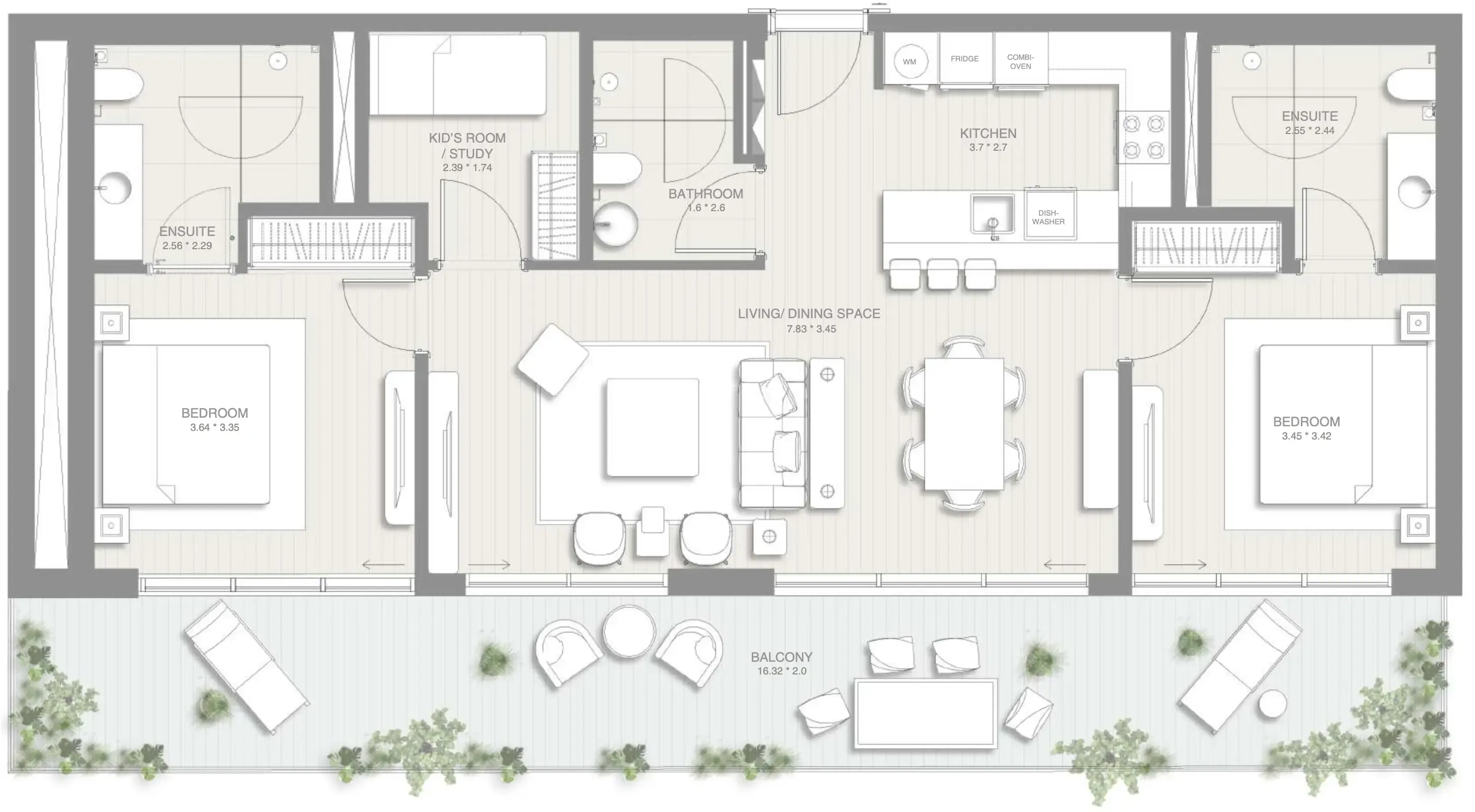 2 bedrooms floor plan