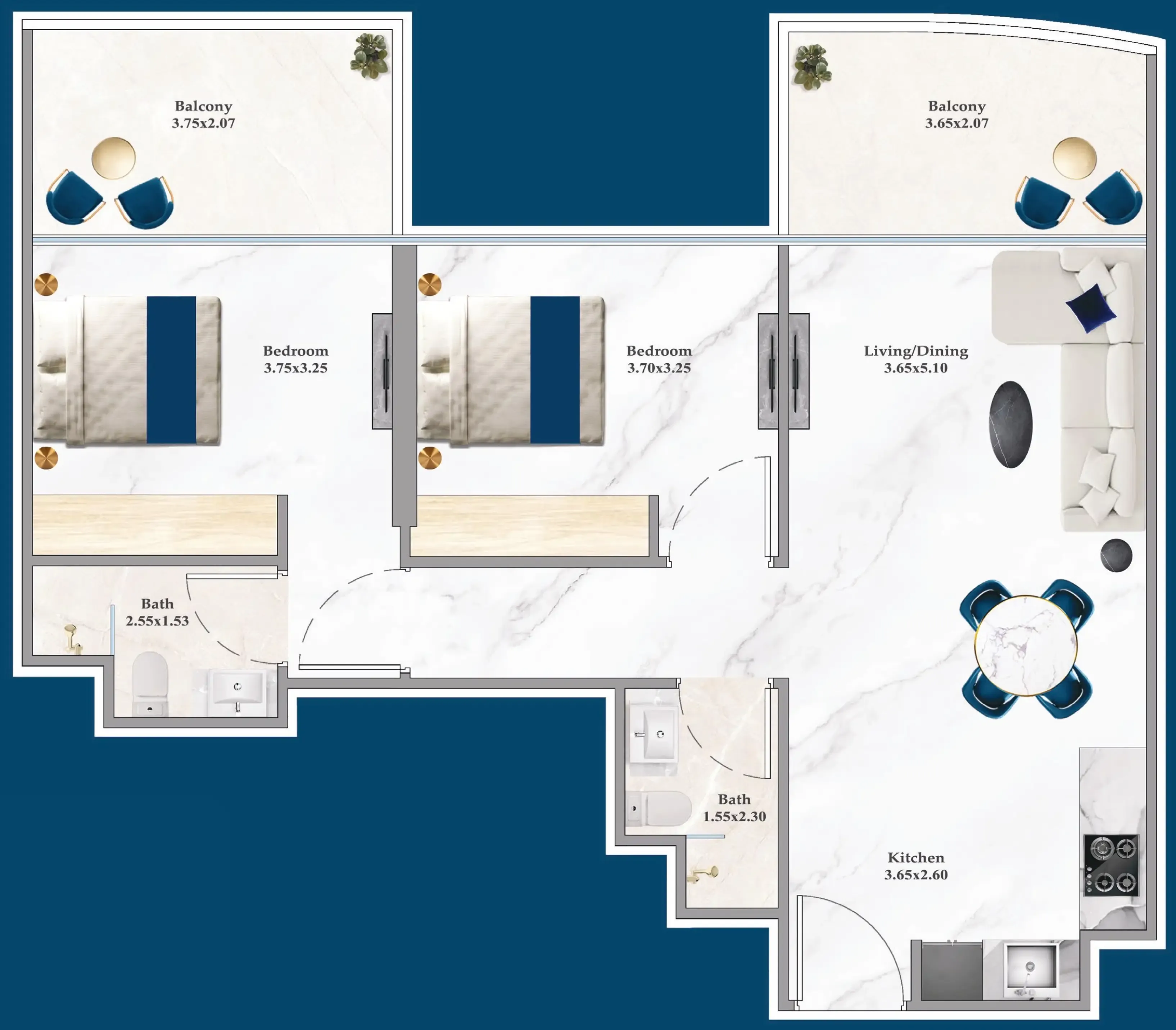 2 bedrooms floor plan