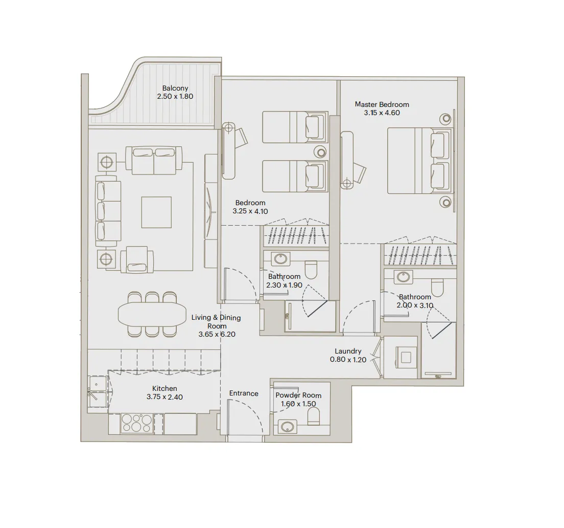 Deyaar Eleve 2BR floor plan
