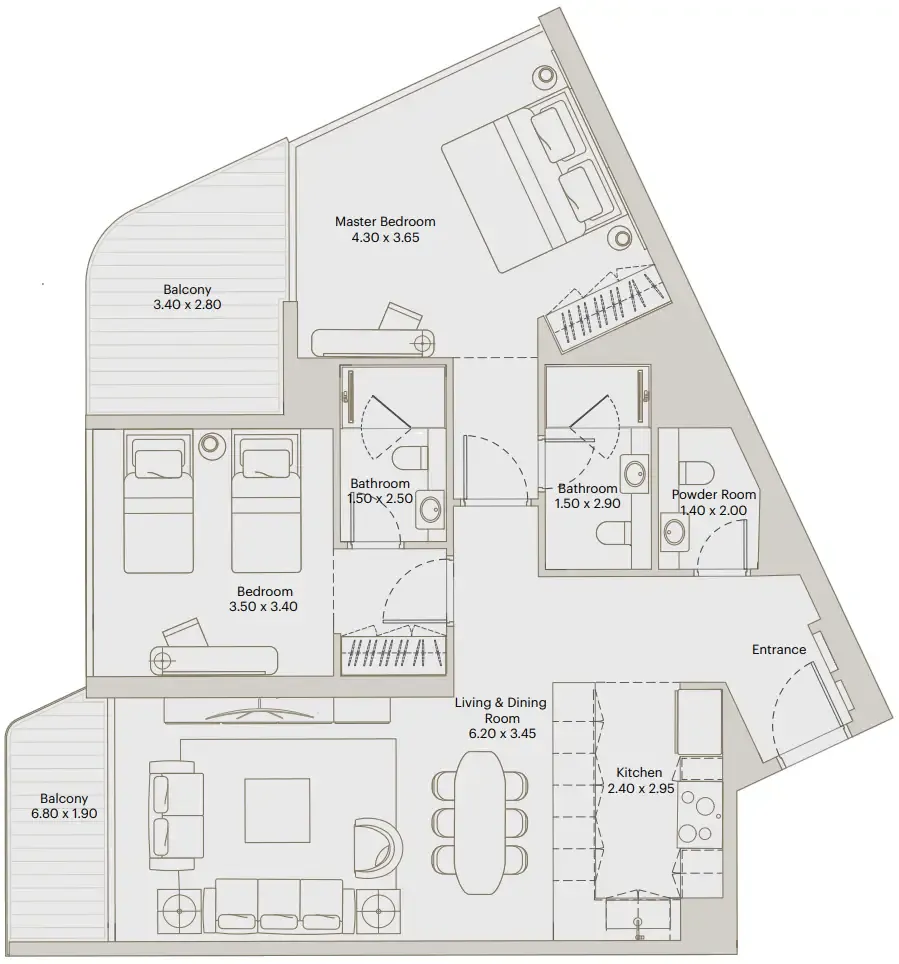 Deyaar Eleve 2BR floor plan