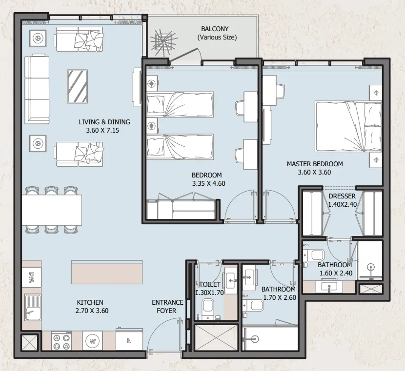 2 bedrooms floor plan