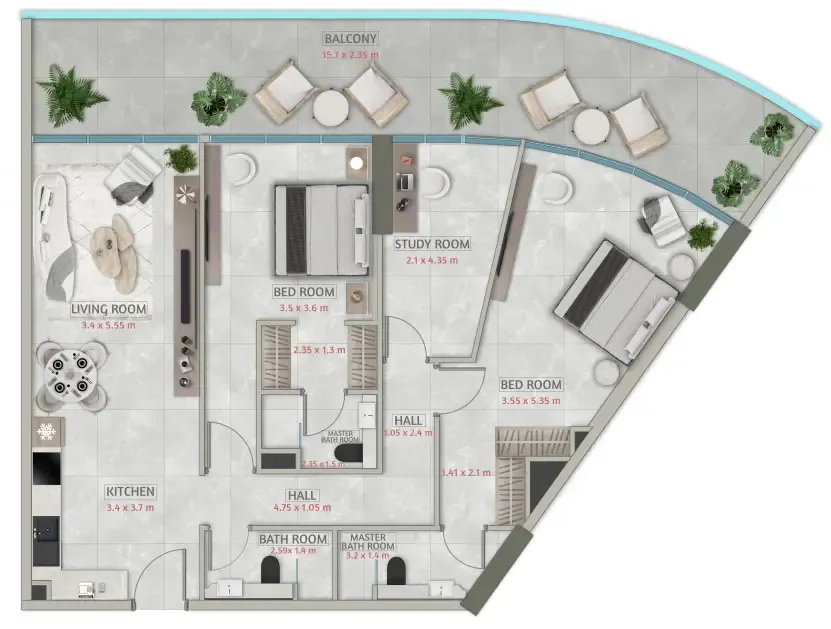 2 bedrooms floor plan