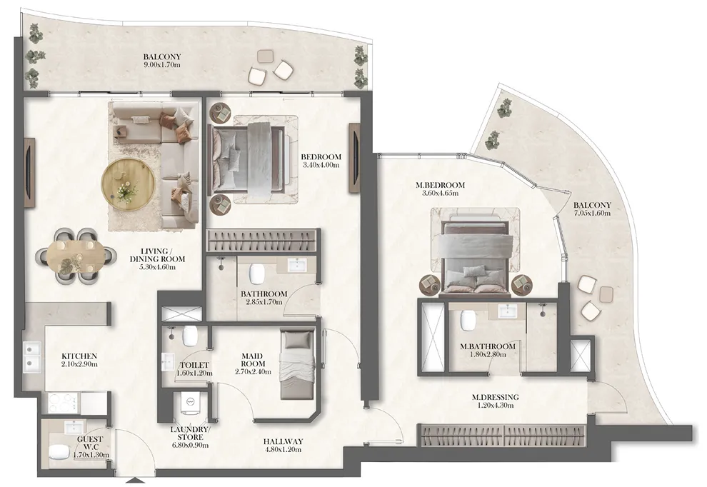 2 bedrooms floor plan