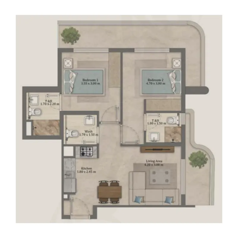 2 bedrooms floor plan