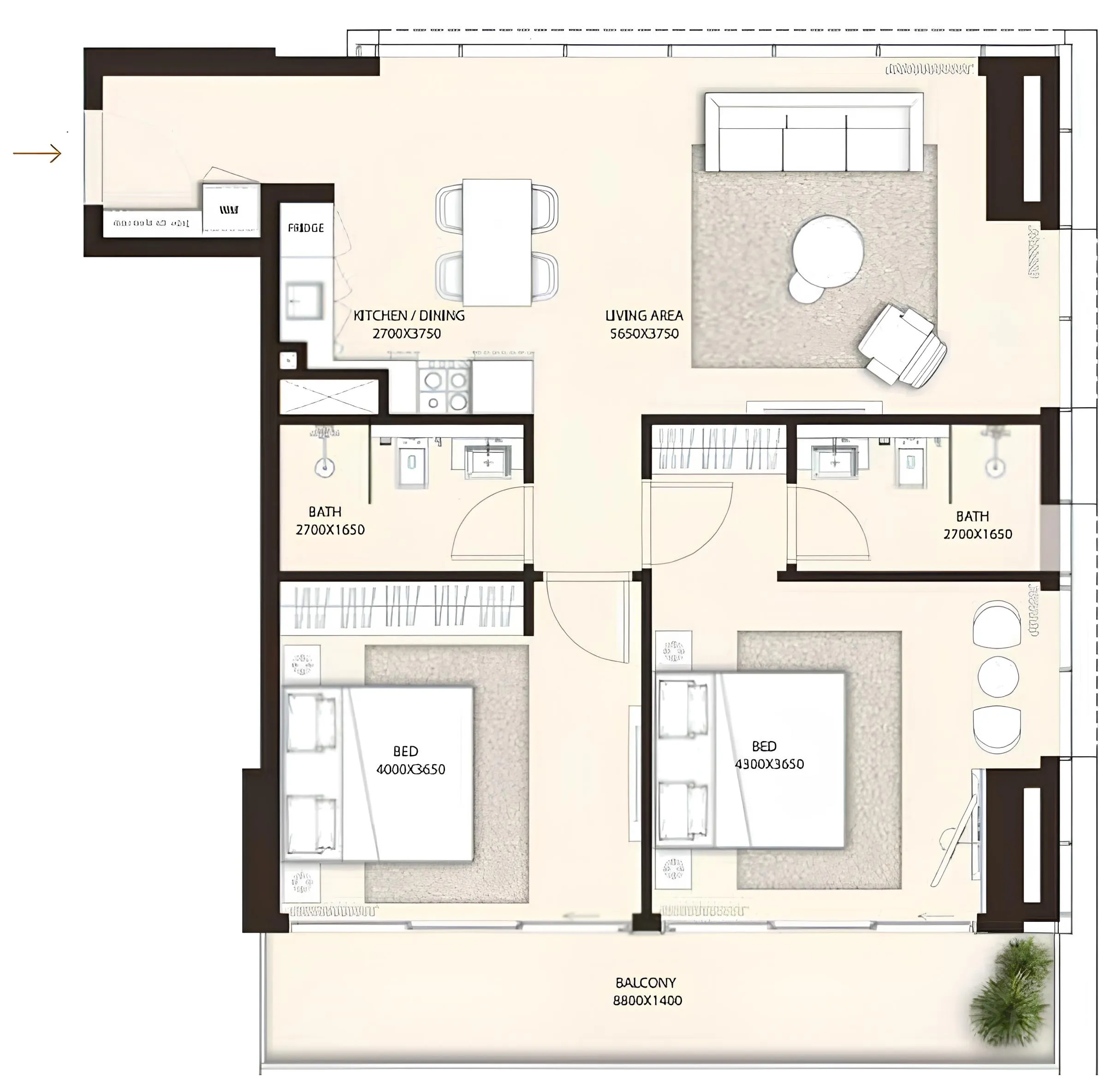 2 bedrooms floor plan