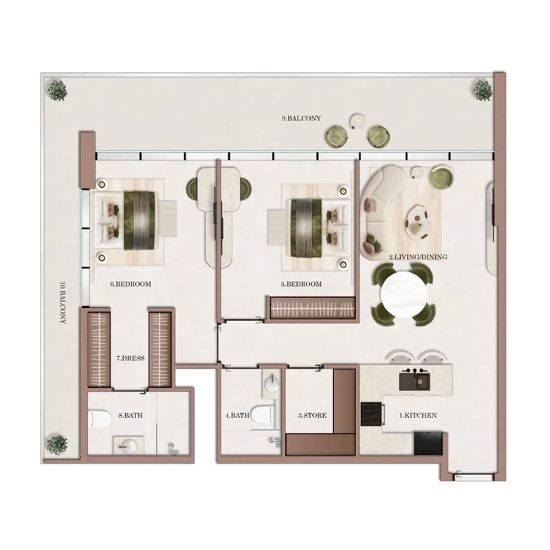 2 bedrooms floor plan