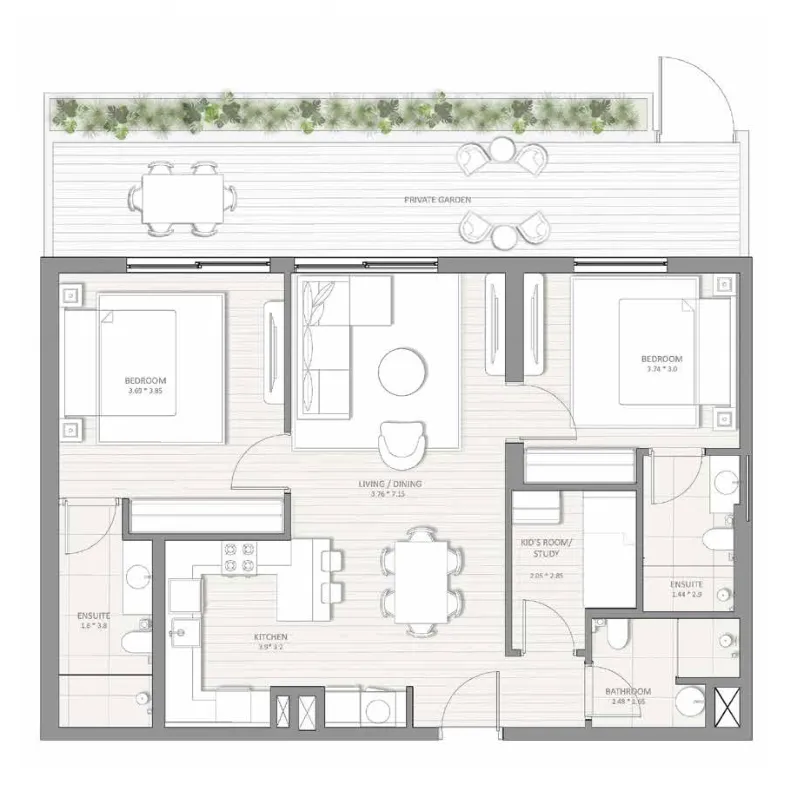 2 bedrooms floor plan