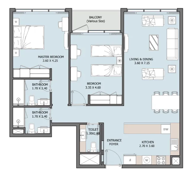 2 bedrooms floor plan