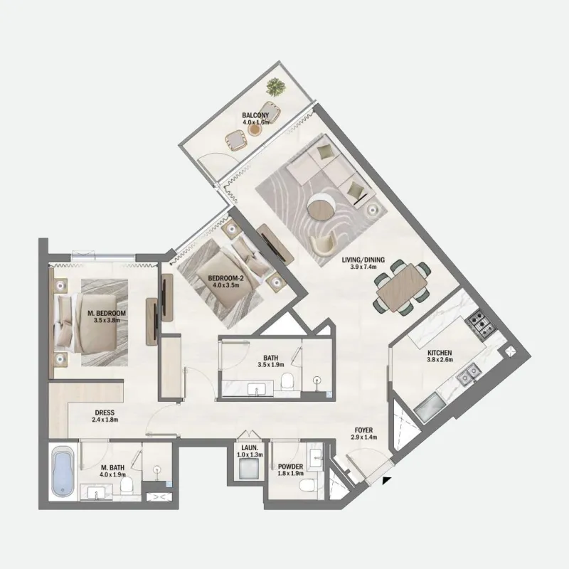 2 bedrooms floor plan