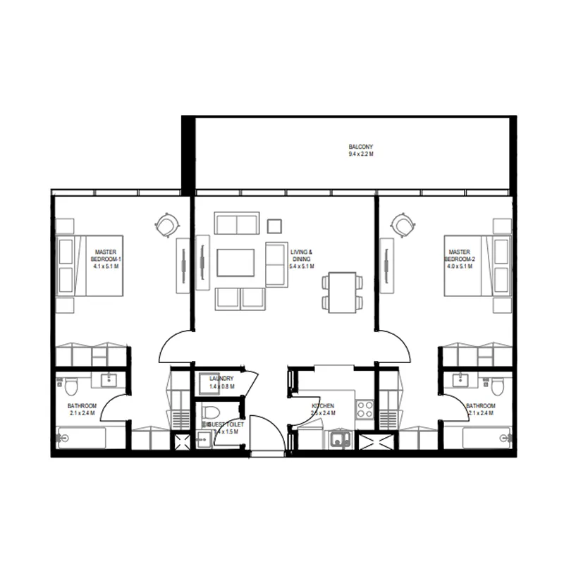 Nesba 2 Aljada — 2 Bedrooms floor plan