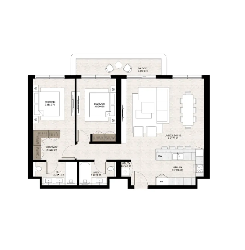 2 bedrooms floor plan