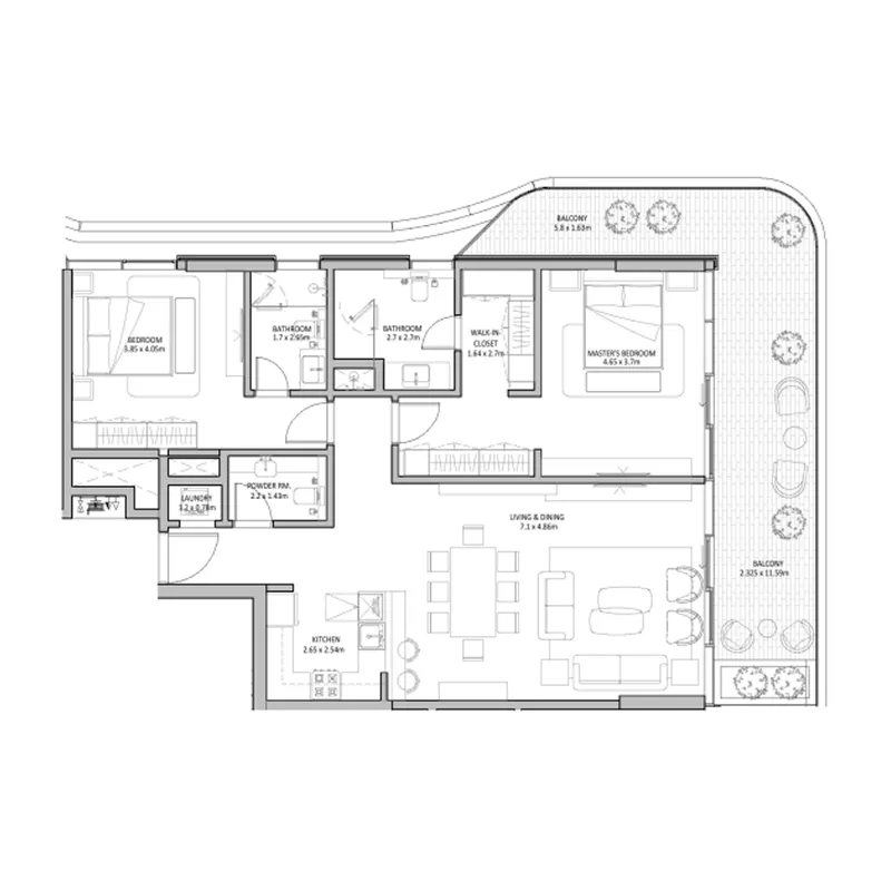 2 bedrooms floor plan