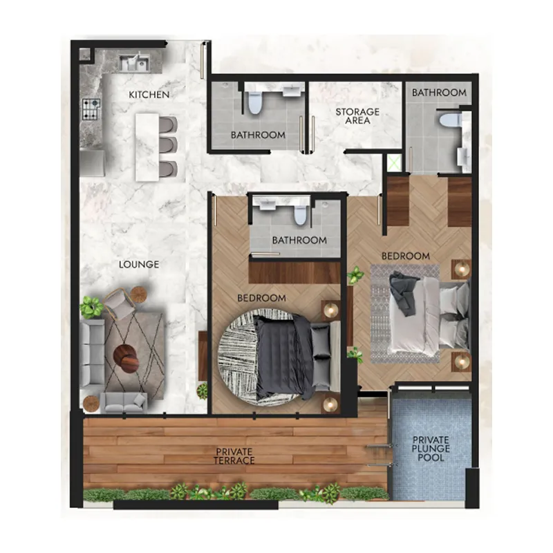2 bedrooms floor plan