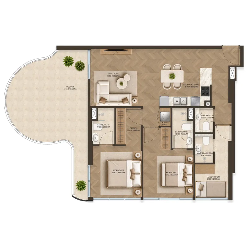 2 bedrooms floor plan