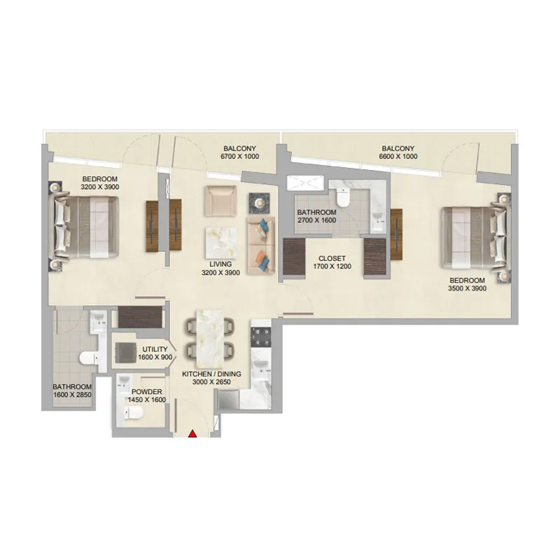 2 bedrooms floor plan