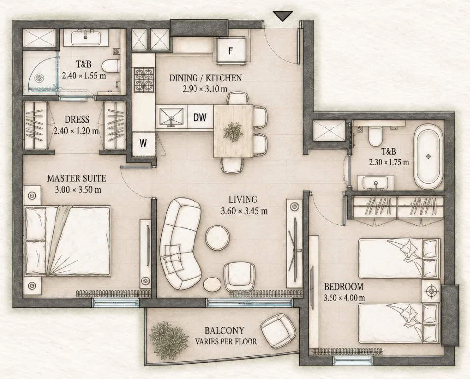 2 bedrooms floor plan