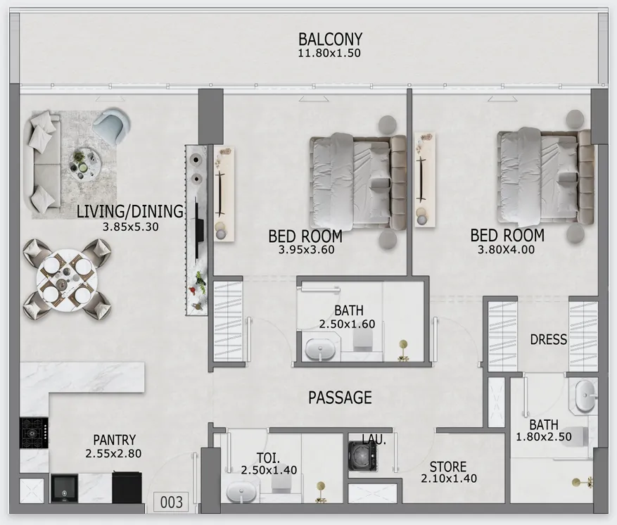 2 bedrooms floor plan