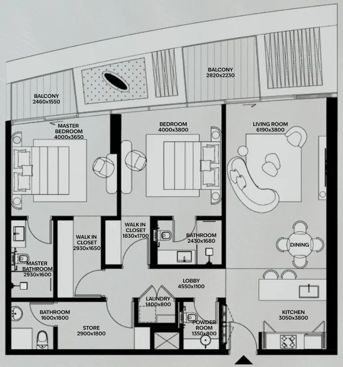 2 bedrooms floor plan