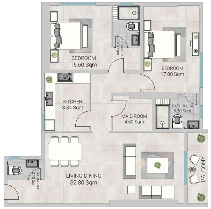 2 bedrooms floor plan