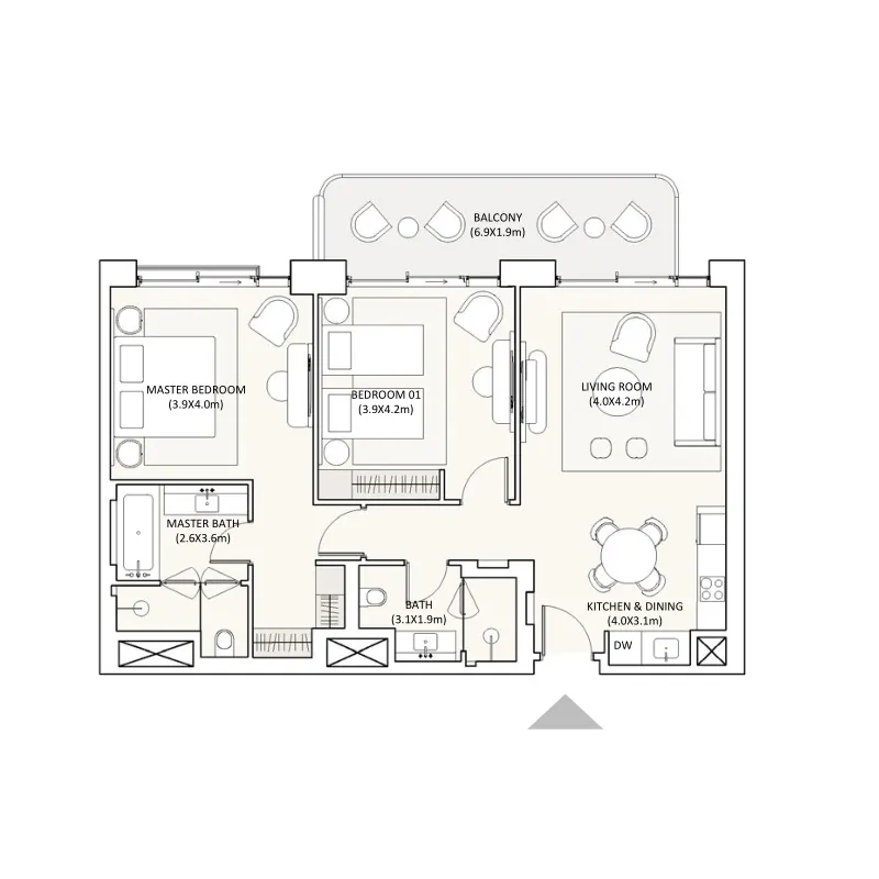 2 bedrooms floor plan