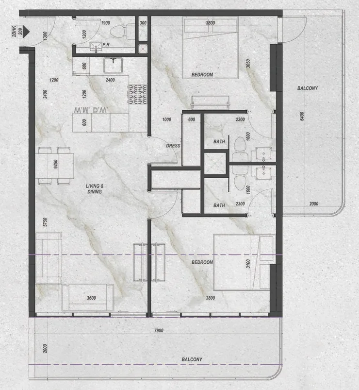 2 bedrooms floor plan