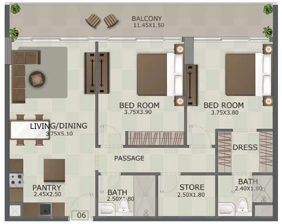 2 bedrooms floor plan
