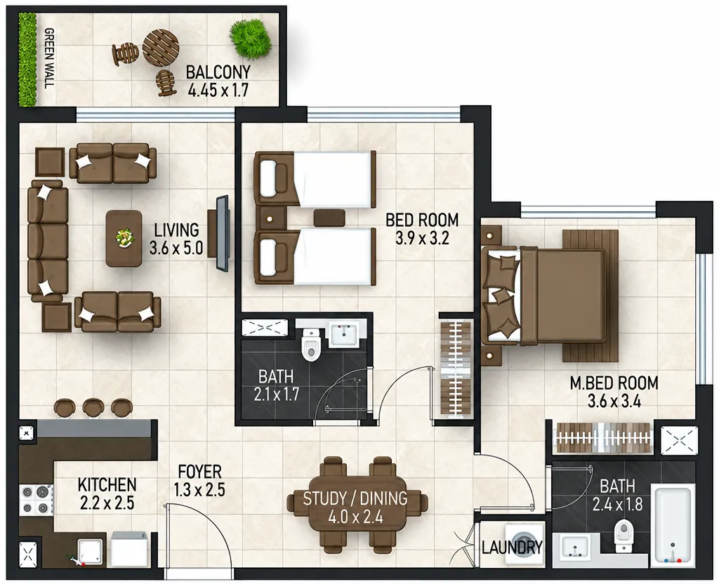 2 bedrooms floor plan
