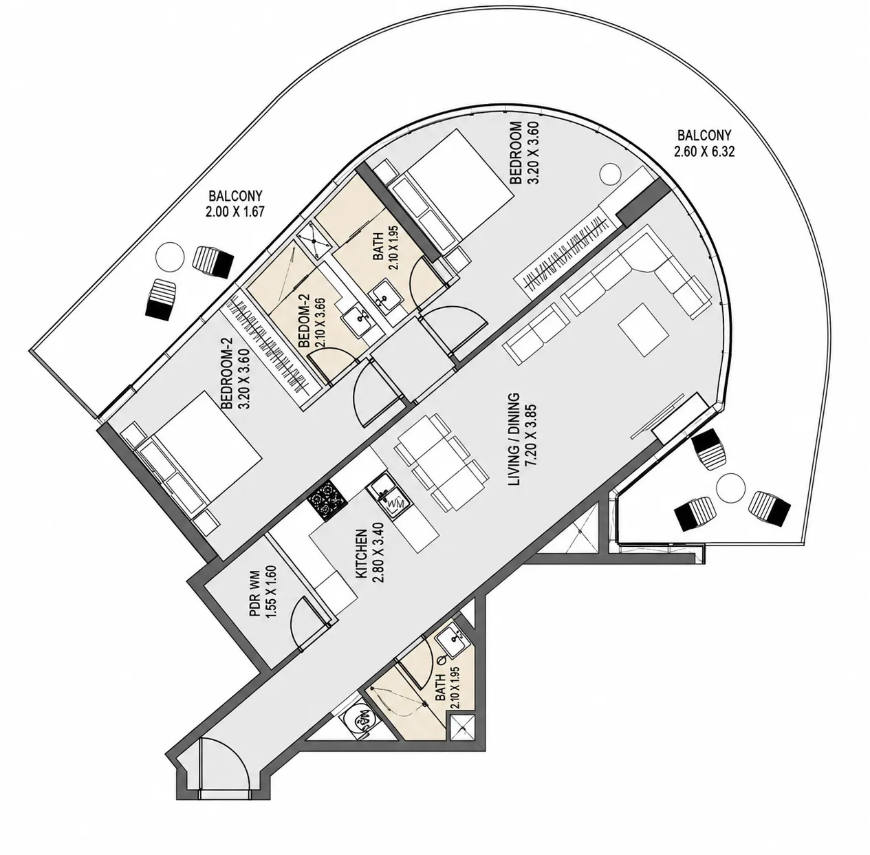 2 bedrooms floor plan