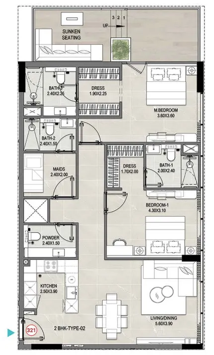 2 bedrooms floor plan